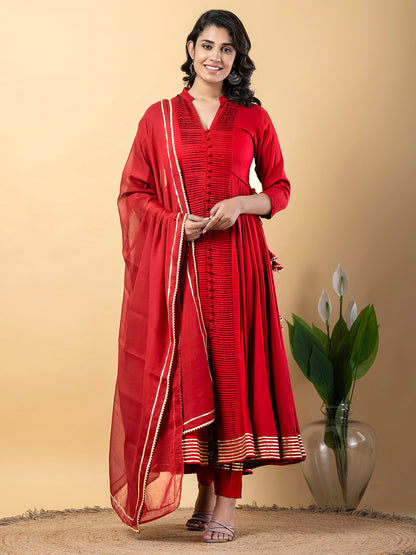 Red Anarkali Premium Rayon Kurta Pant Set with Cotton Dupatta Designer–3 Piece Ready to Wear Salwar Kameez Suit Set-750148