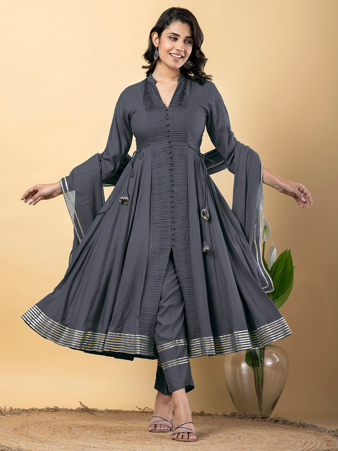 Grey Anarkali Premium Rayon Kurta Pant Set with Cotton Dupatta Designer–3 Piece Ready to Wear Salwar Kameez Suit Set-750149