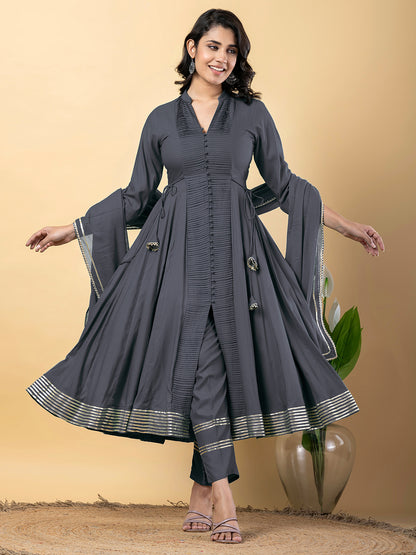Grey Anarkali Premium Rayon Kurta Pant Set with Cotton Dupatta Designer–3 Piece Ready to Wear Salwar Kameez Suit Set-750149