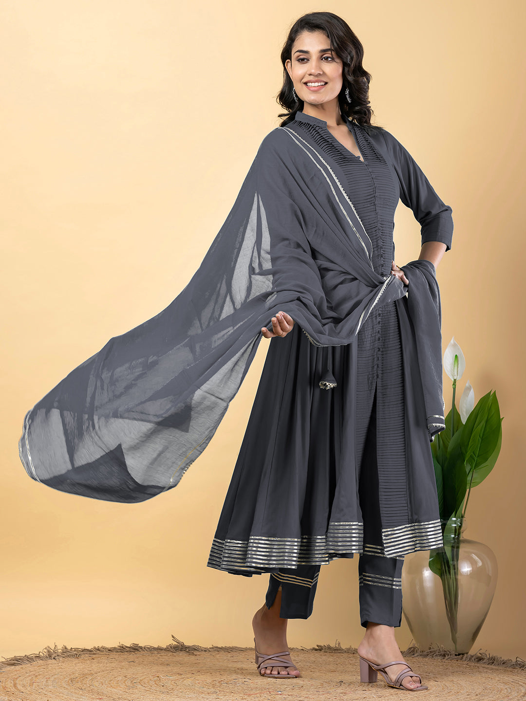 Grey Anarkali Premium Rayon Kurta Pant Set with Cotton Dupatta Designer–3 Piece Ready to Wear Salwar Kameez Suit Set-750149