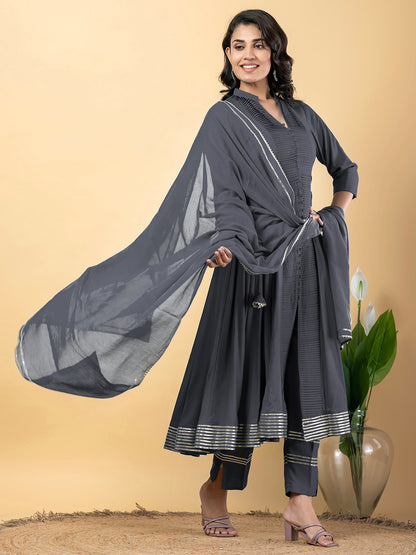 Grey Anarkali Premium Rayon Kurta Pant Set with Cotton Dupatta Designer–3 Piece Ready to Wear Salwar Kameez Suit Set-750149