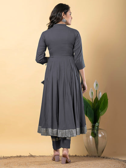 Grey Anarkali Premium Rayon Kurta Pant Set with Cotton Dupatta Designer–3 Piece Ready to Wear Salwar Kameez Suit Set-750149