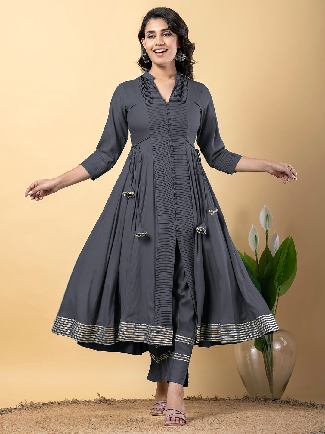 Grey Anarkali Premium Rayon Kurta Pant Set with Cotton Dupatta Designer–3 Piece Ready to Wear Salwar Kameez Suit Set-750149