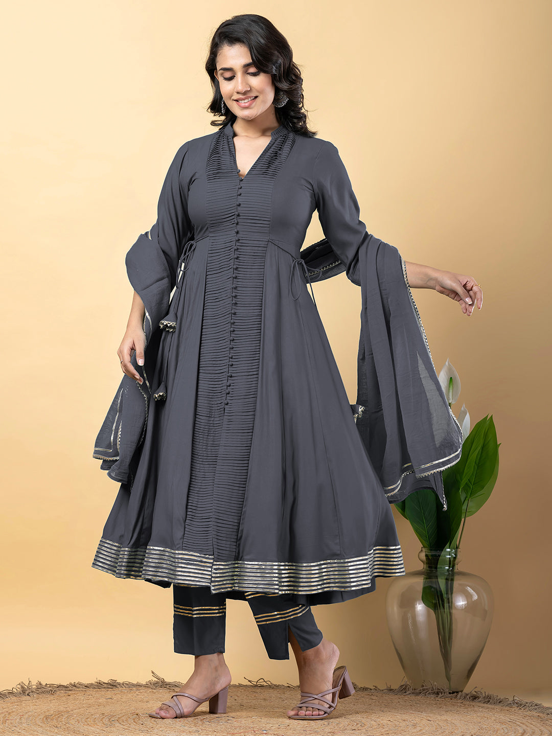Grey Anarkali Premium Rayon Kurta Pant Set with Cotton Dupatta Designer–3 Piece Ready to Wear Salwar Kameez Suit Set-750149