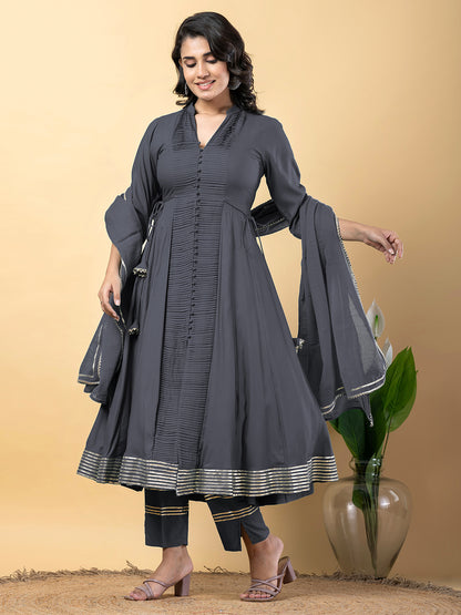 Grey Anarkali Premium Rayon Kurta Pant Set with Cotton Dupatta Designer–3 Piece Ready to Wear Salwar Kameez Suit Set-750149
