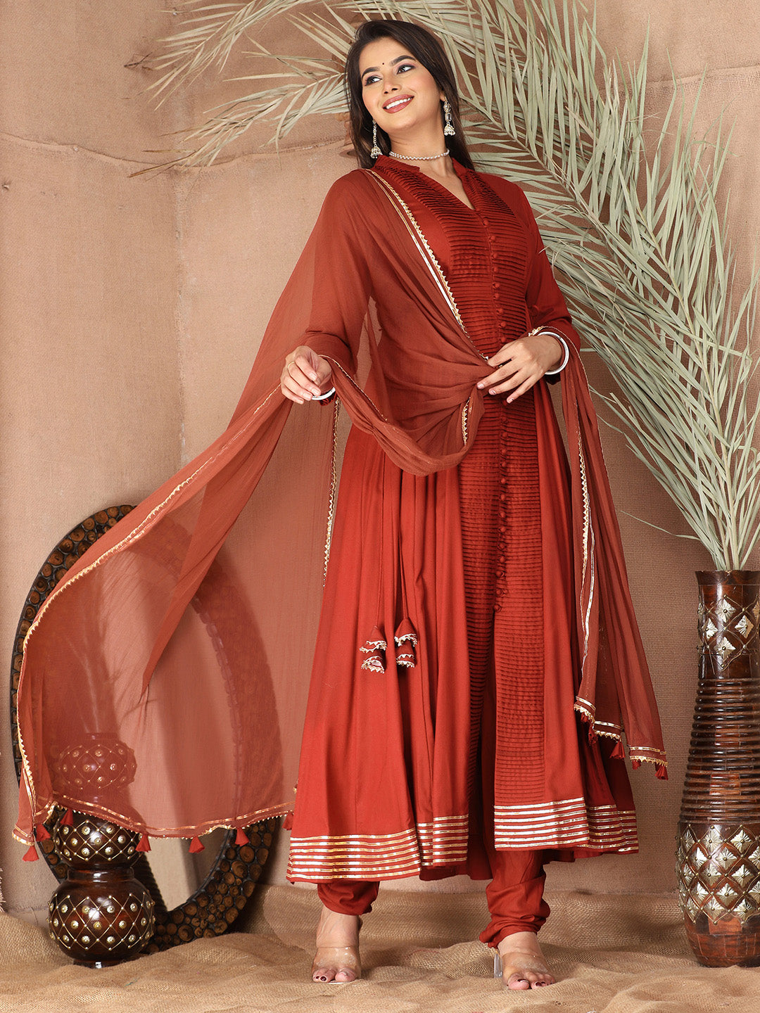 Red Anarkali Premium Rayon Kurta Pant Set with Cotton Dupatta Designer–3 Piece Ready to Wear Salwar Kameez Suit Set-750150