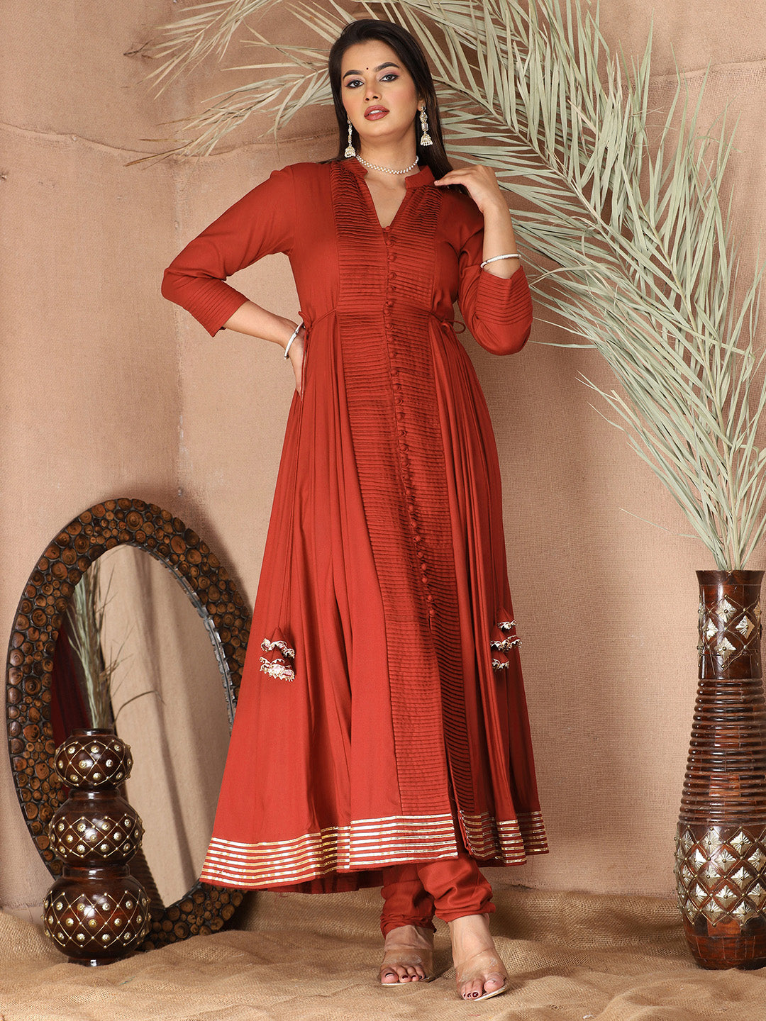 Red Anarkali Premium Rayon Kurta Pant Set with Cotton Dupatta Designer–3 Piece Ready to Wear Salwar Kameez Suit Set-750150