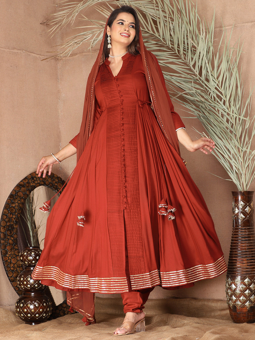 Red Anarkali Premium Rayon Kurta Pant Set with Cotton Dupatta Designer–3 Piece Ready to Wear Salwar Kameez Suit Set-750150