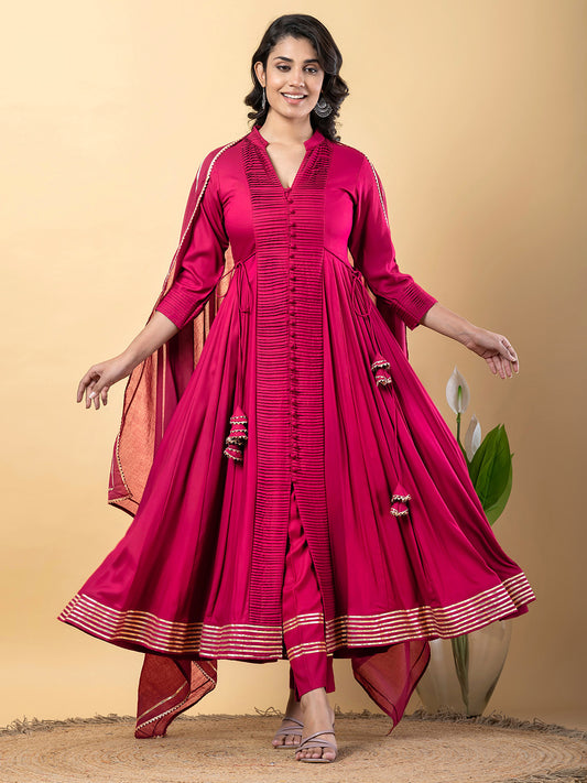 Red Anarkali Premium Rayon Kurta Pant Set with Cotton Dupatta Designer–3 Piece Ready to Wear Salwar Kameez Suit Set-750151