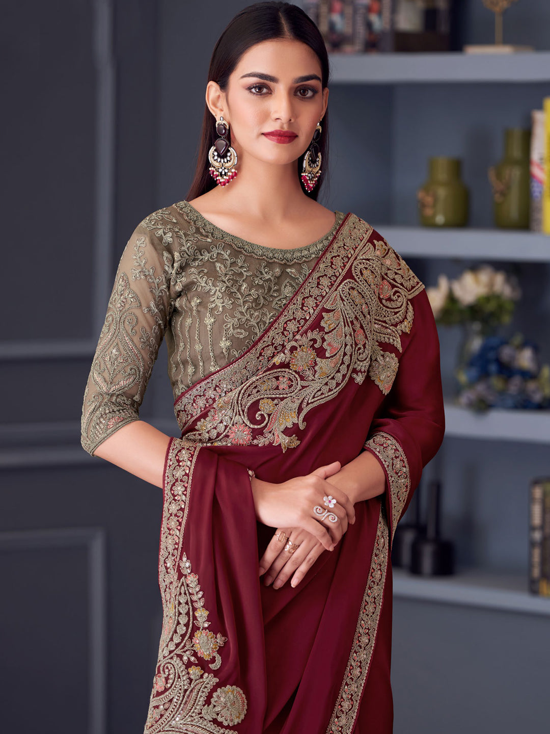 Embroidered Border Silk Saree in Maroon color-81146