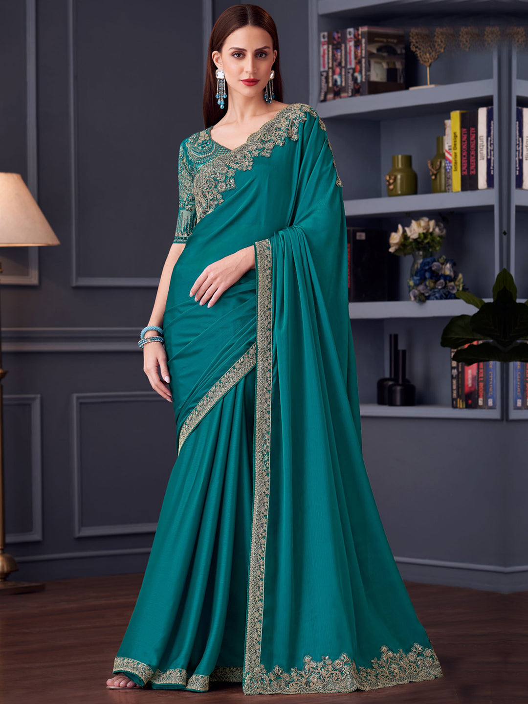 Embroidered Border Chiffon Silk Saree in Blue color-8114-7