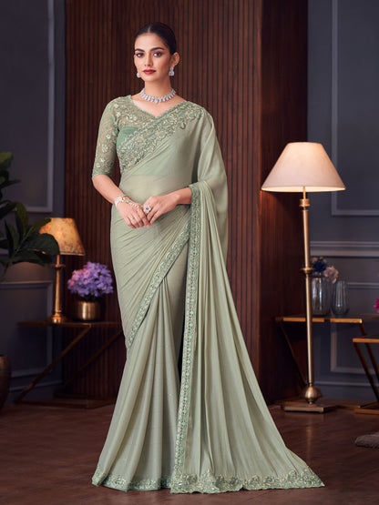 Embroidered Border Georgette Silk Saree in Light green color-81148