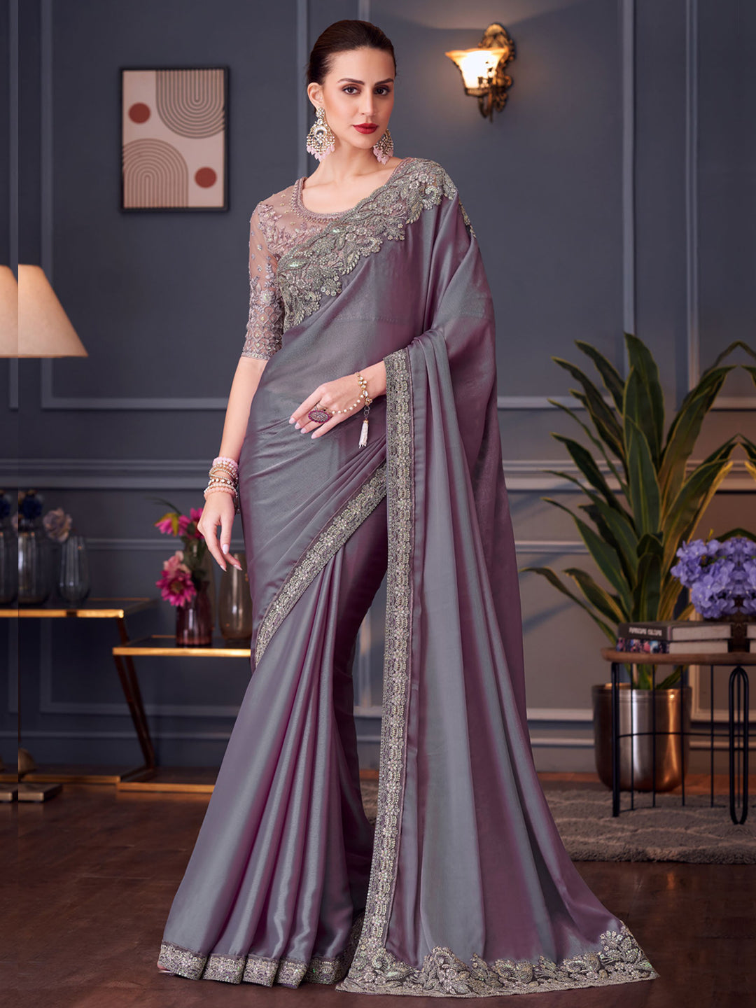 Embroidered Border Georgette Silk Saree in Light Purple color-81149