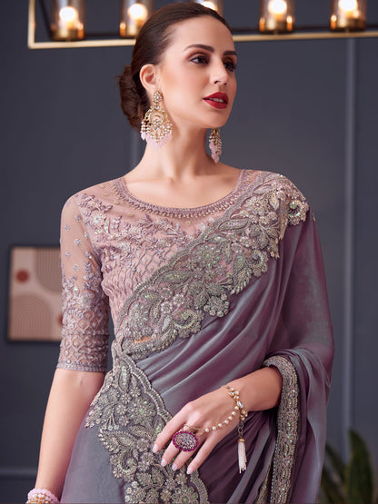 Embroidered Border Georgette Silk Saree in Light Purple color-81149