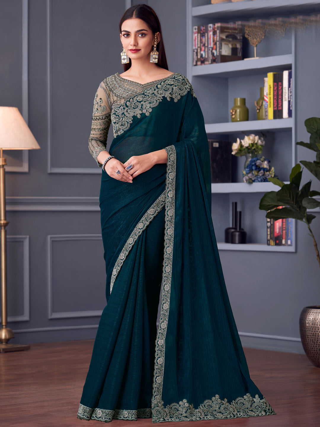 Embroidered Border Shimmer Silk Saree in Blue color-81150