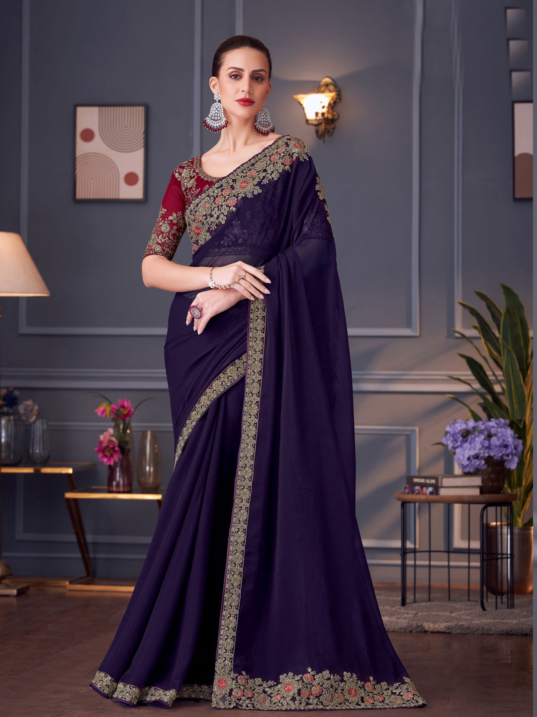 Embroidered Border Glitter Silk Saree in Blue color-82091