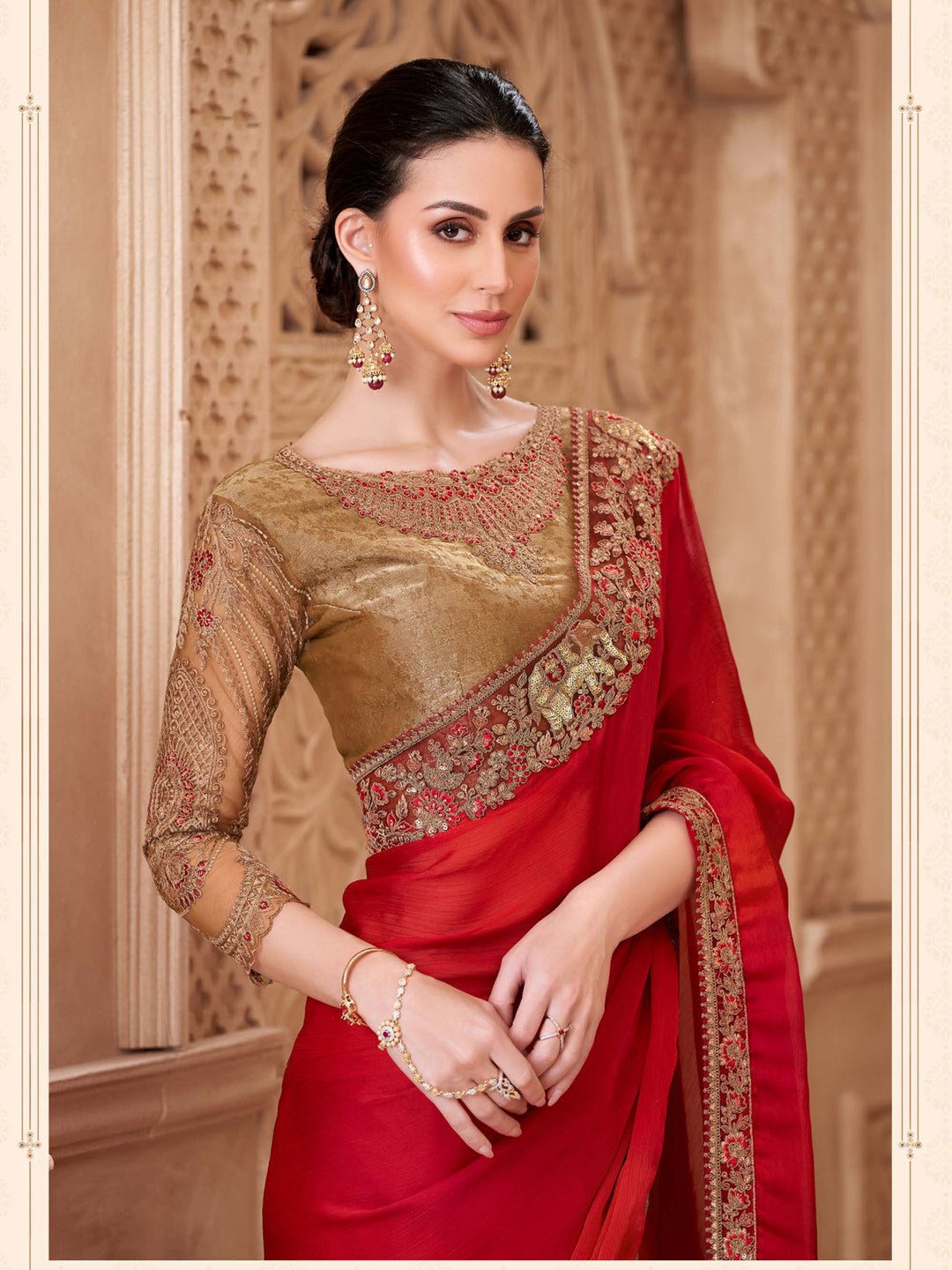 Blooming Red sartin Silk With Brocade Silk Blouse saree In red color-32001