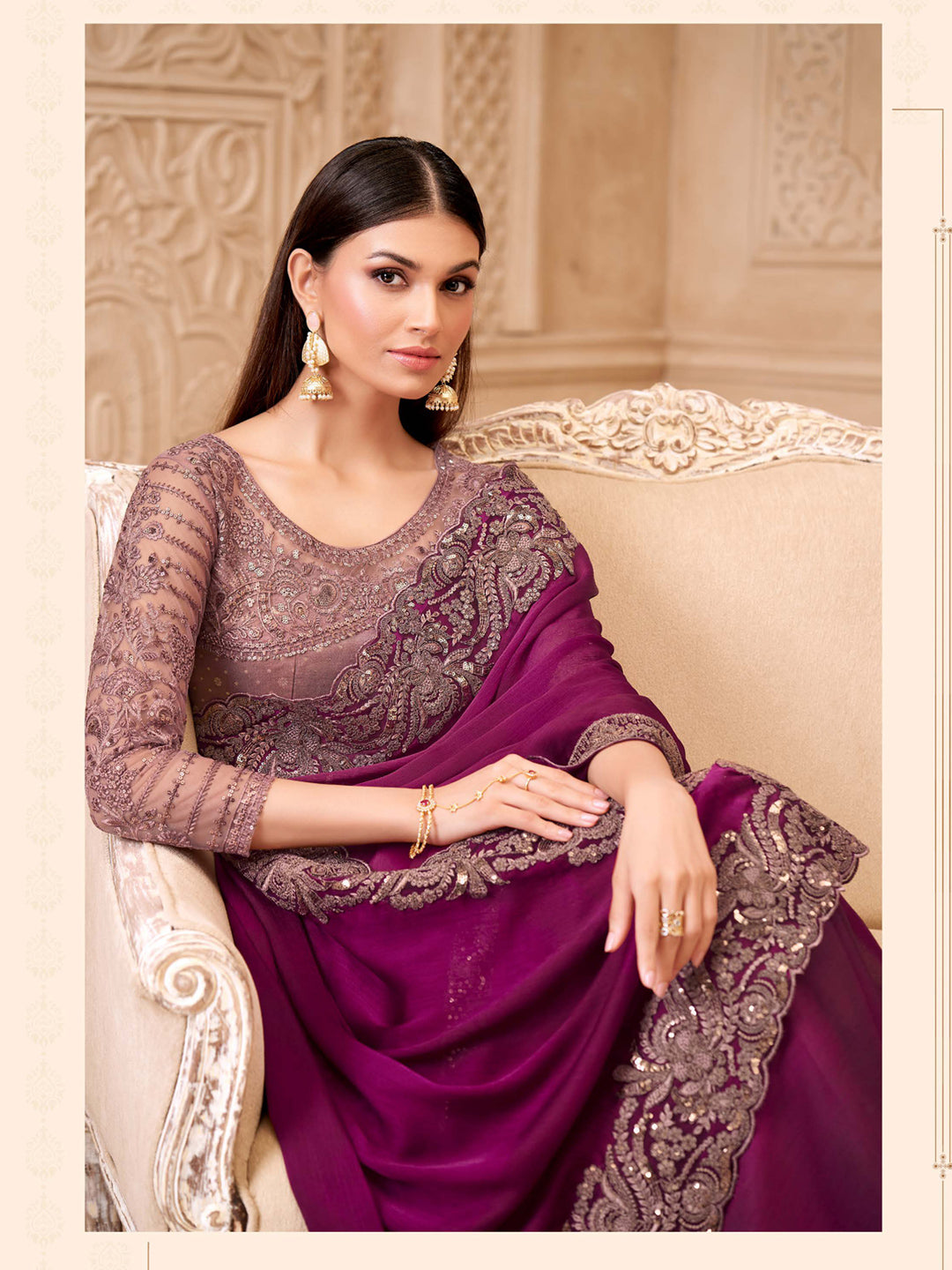Rich Wine Sartin Georgette with Embroidered Saree-32010