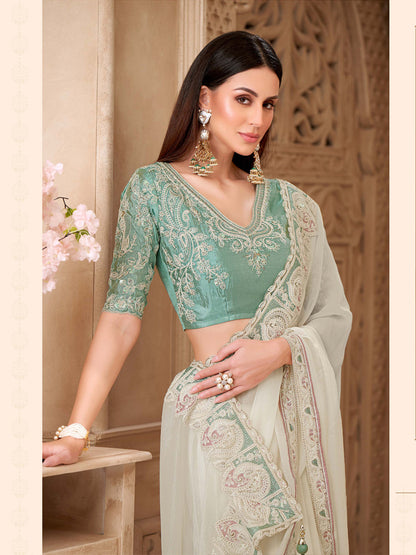 Powder White Georgette Silk with Embroidered Saree-32011