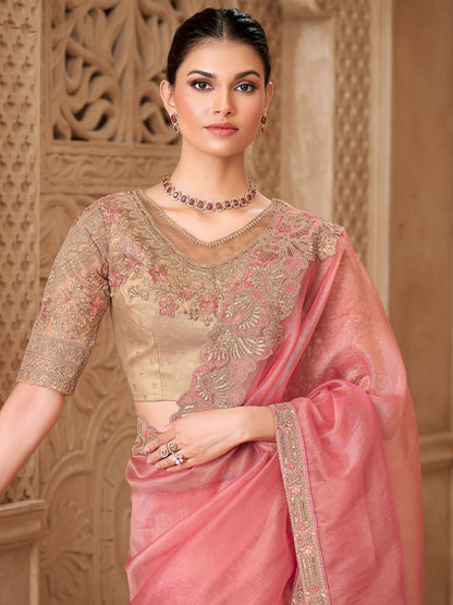 Gold Pink Glass tissue Georgette with Embroidered Saree-32013