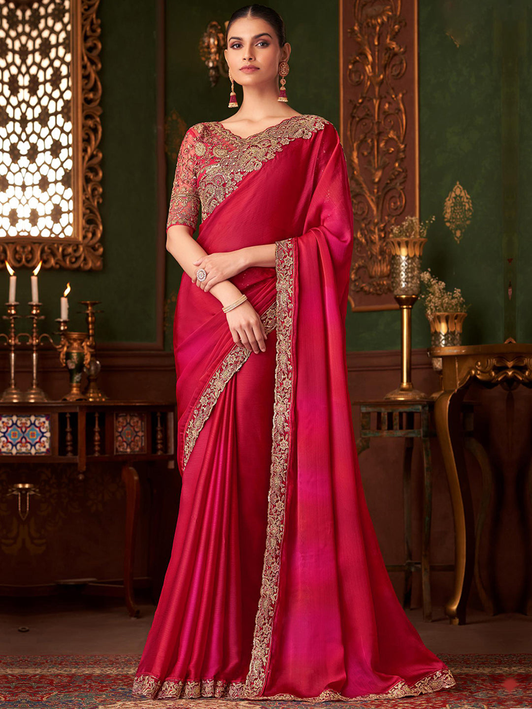 Embroidered Designer Sparkle Shaded Chiffon Traditional Saree In Pink color-40955