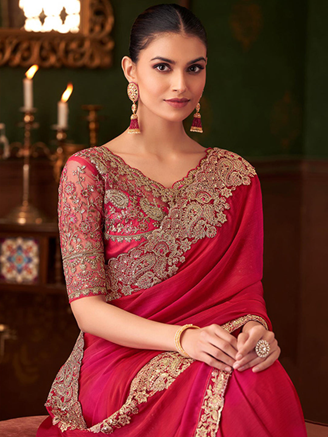 Embroidered Designer Sparkle Shaded Chiffon Traditional Saree In Pink color-40955