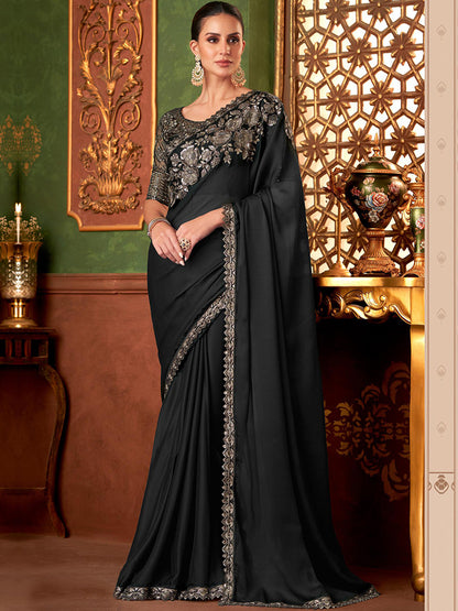 Embroidered Designer Majestic Black Silk Traditional Saree In Black color-40956