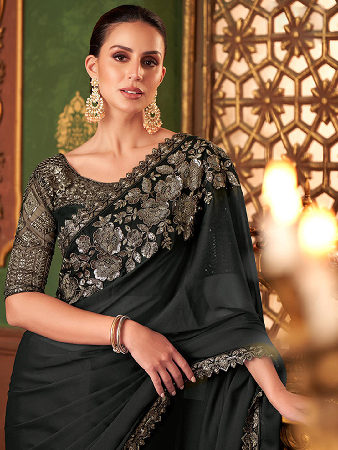 Embroidered Designer Majestic Black Silk Traditional Saree In Black color-40956