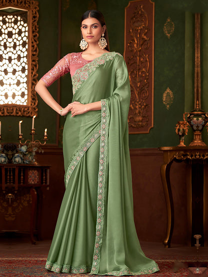 Embroidered Designer Rich Sartin Feel Traditional Saree In Green Color-40957