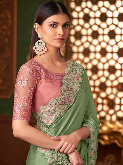 Embroidered Designer Rich Sartin Feel Traditional Saree In Green Color-40957