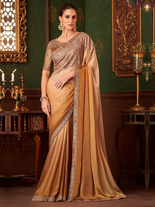 Embroidered Designer Golden Shaded Sartin Chiffon Traditional Saree-40958