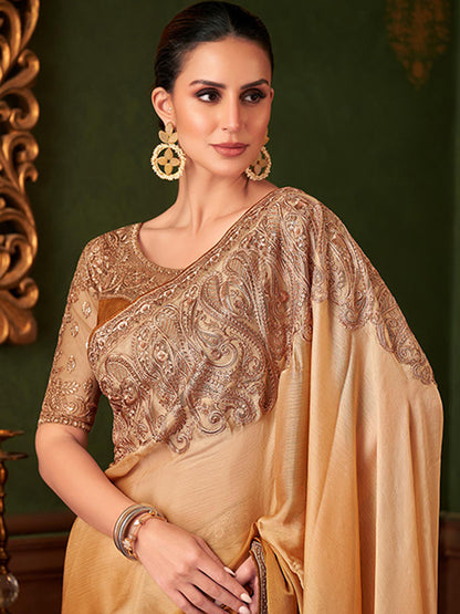 Embroidered Designer Golden Shaded Sartin Chiffon Traditional Saree-40958