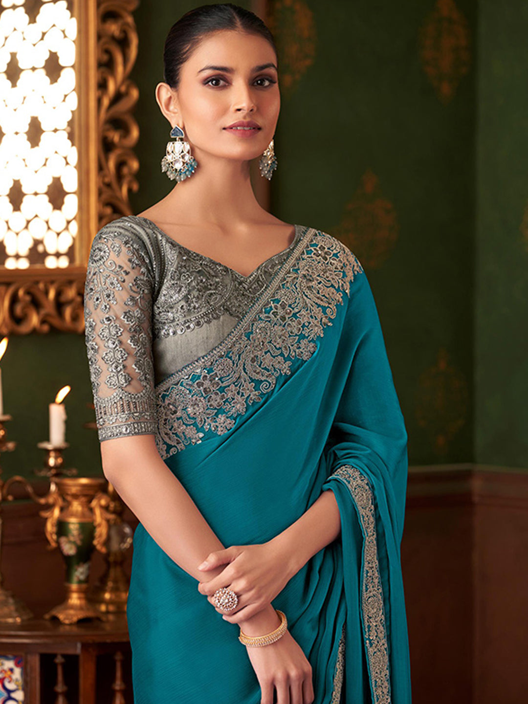 Embroidered Designer Pioneer Silk Chiffon Traditional Saree-40959