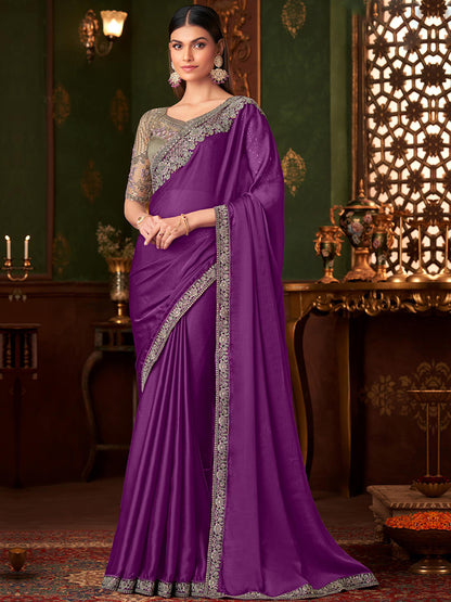 Embroidered Designer Fine Wine Silk Chiffon Traditional Saree-40961