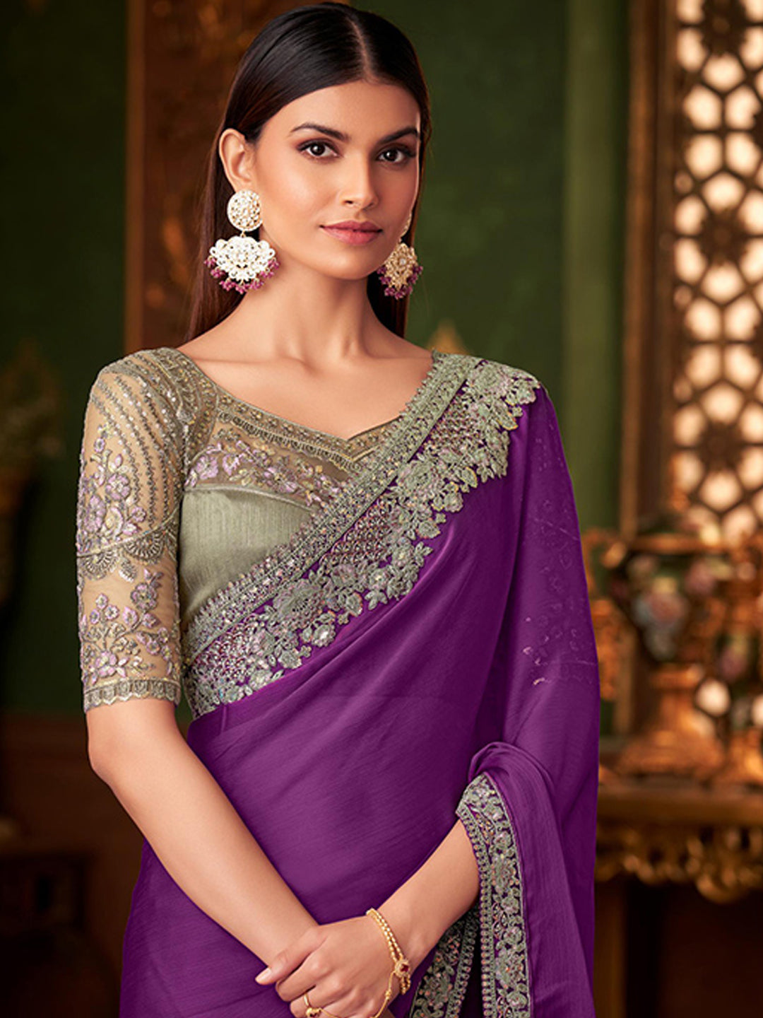 Embroidered Designer Fine Wine Silk Chiffon Traditional Saree-40961