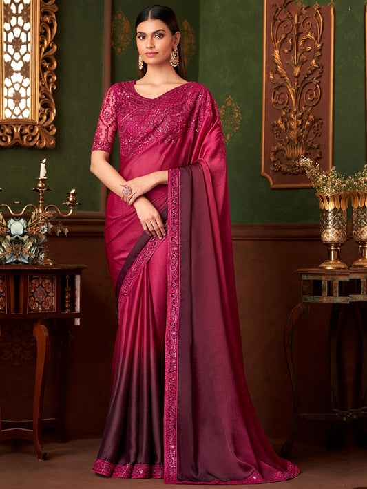 Embroidered Designer Cherry Shaded Sartin Chiffon Traditional Saree-40963