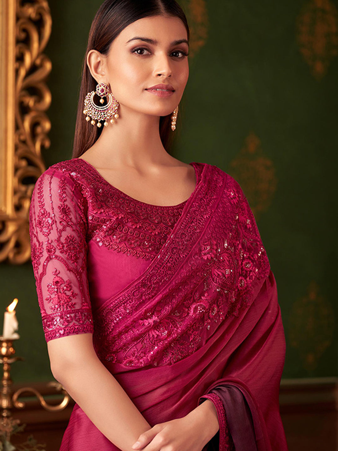 Embroidered Designer Cherry Shaded Sartin Chiffon Traditional Saree-40963