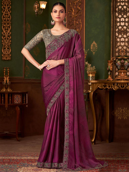 Embroidered Designer Rich Wine Shaded Silk Chifon Traditional Saree-40967