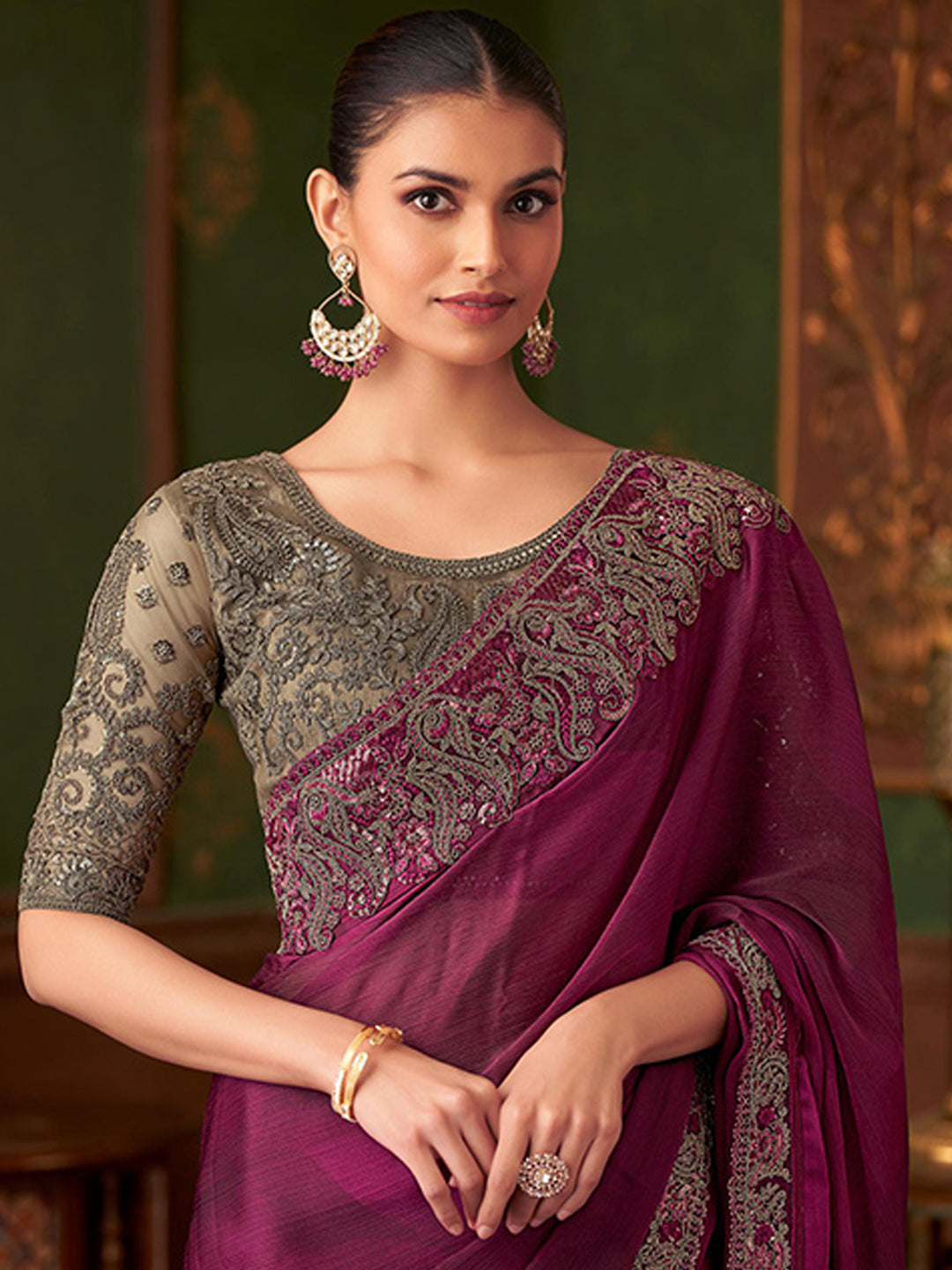 Embroidered Designer Rich Wine Shaded Silk Chifon Traditional Saree-40967