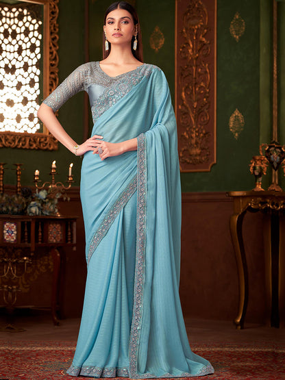 Embroidered Designer Powder Blue Rainbow Jari Sartin Traditional Saree-40969