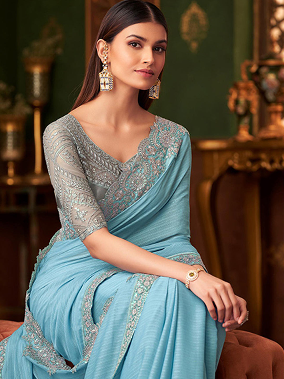 Embroidered Designer Powder Blue Rainbow Jari Sartin Traditional Saree-40969