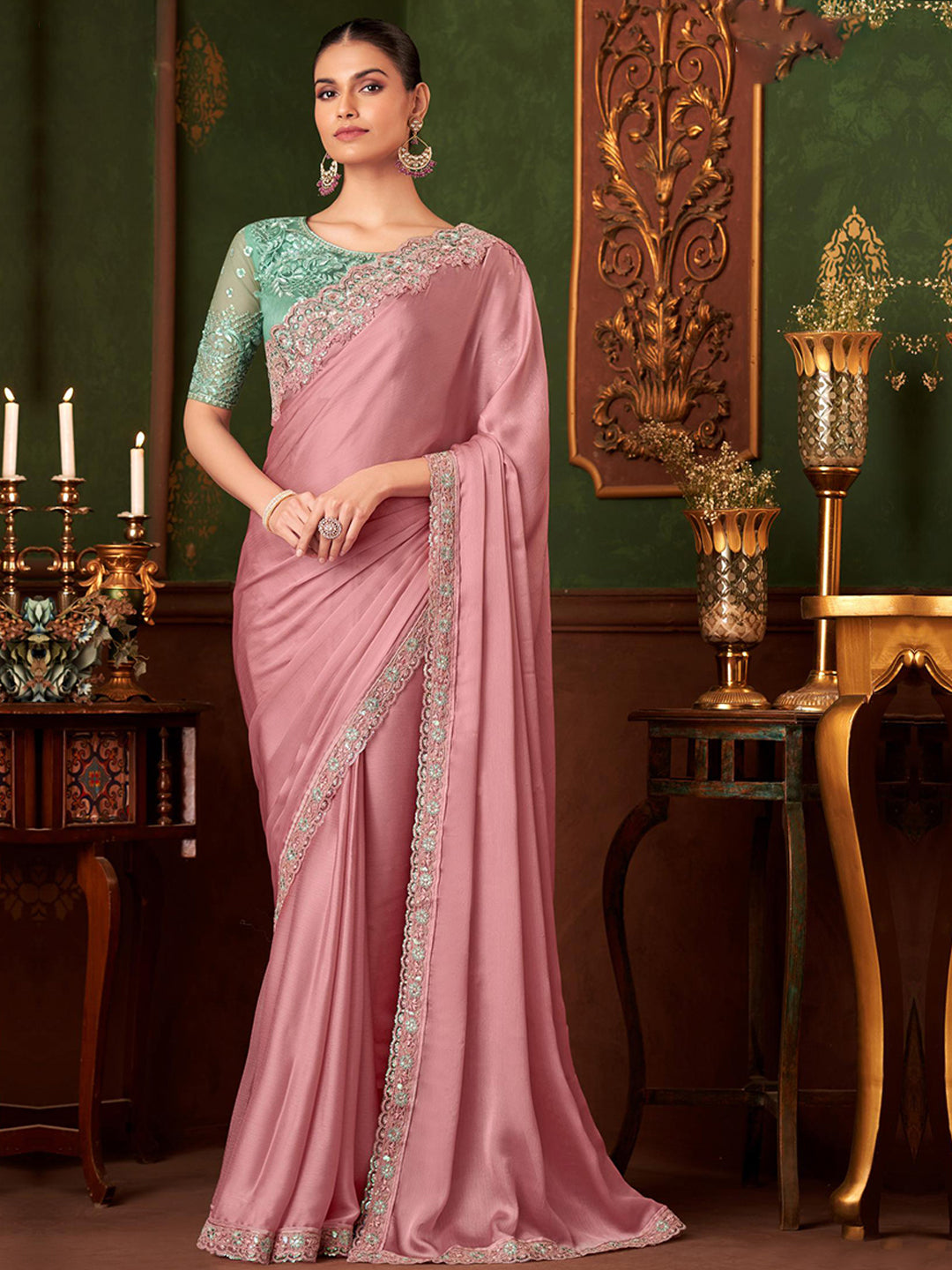 Embroidered Designer Powder Pink Silk Chiffon Traditional Saree-40971