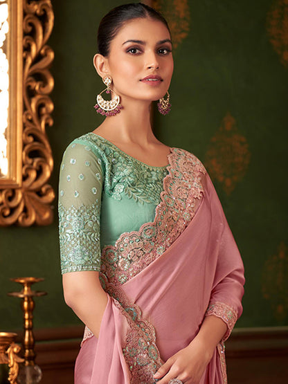 Embroidered Designer Powder Pink Silk Chiffon Traditional Saree-40971