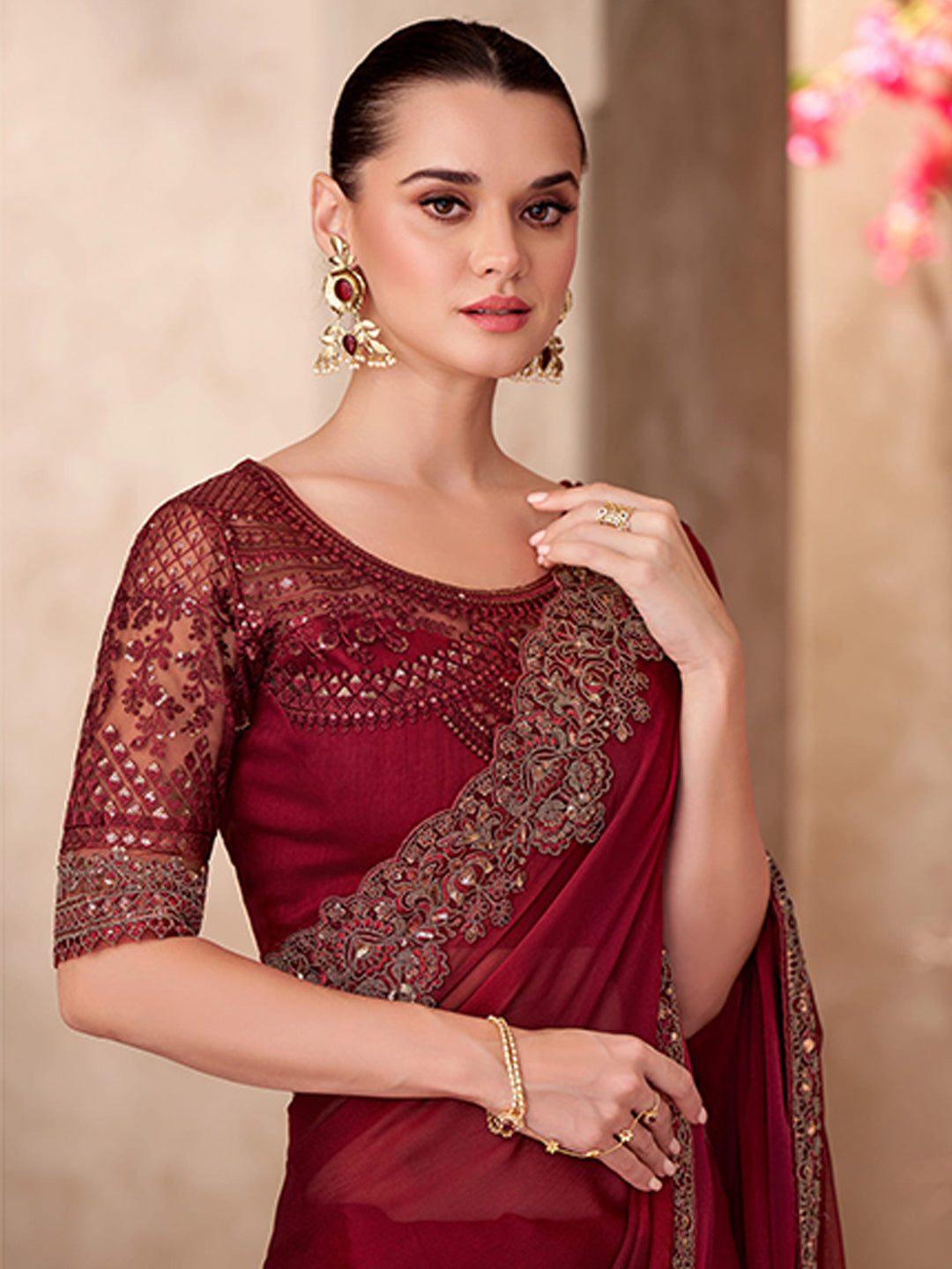 Sparkle shaded Chiffon With Linen Work Wedding Saree in maroon color-41033