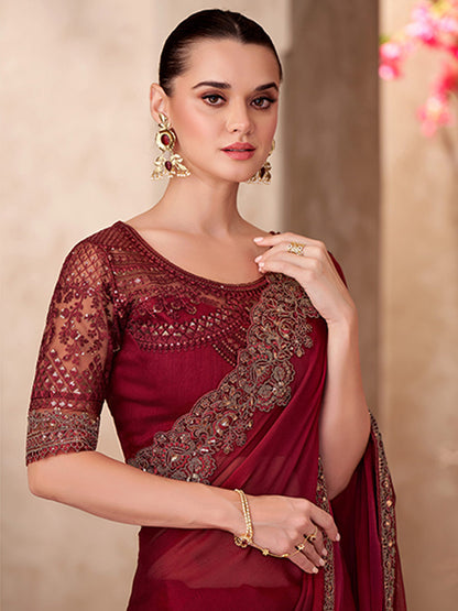 Sparkle shaded Chiffon With Linen Work Wedding Saree in maroon color-41033