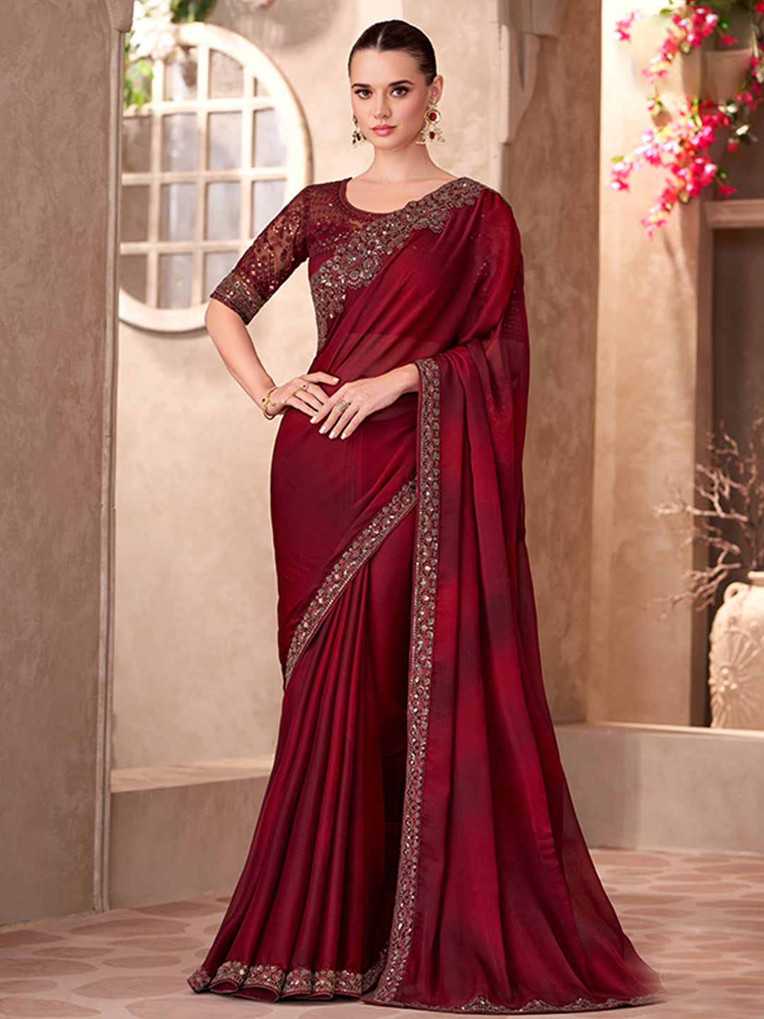 Sparkle shaded Chiffon With Linen Work Wedding Saree in maroon color-41033