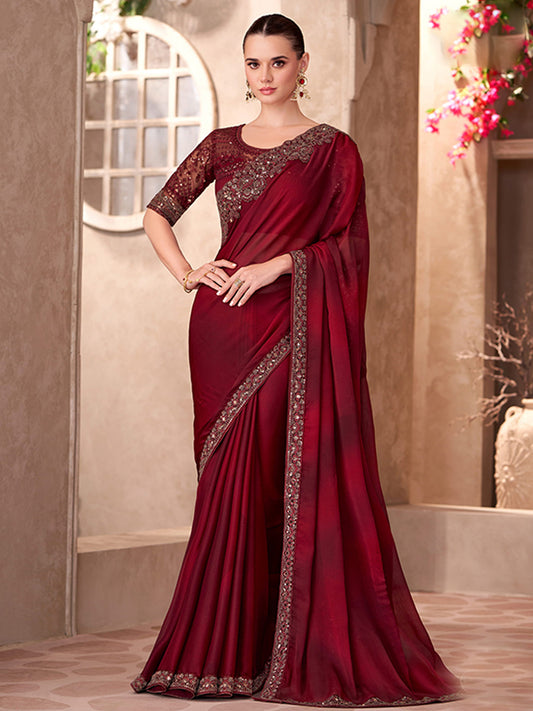 Sparkle shaded Chiffon With Linen Work Wedding Saree in maroon color-41033