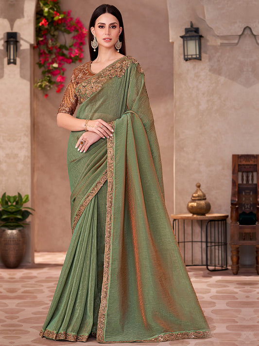 Golden Shine Georgette With Linen Wokr wedding Saree in Green color-41034