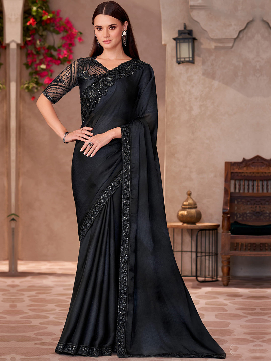 Sparkle shaded Chiffon With Sartin Work Wedding Saree in Black color-41039