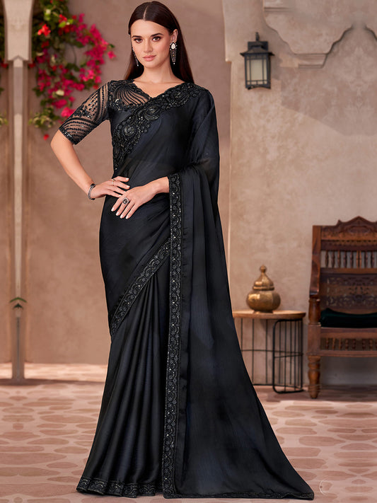 Sparkle shaded Chiffon With Sartin Work Wedding Saree in Black color-41039